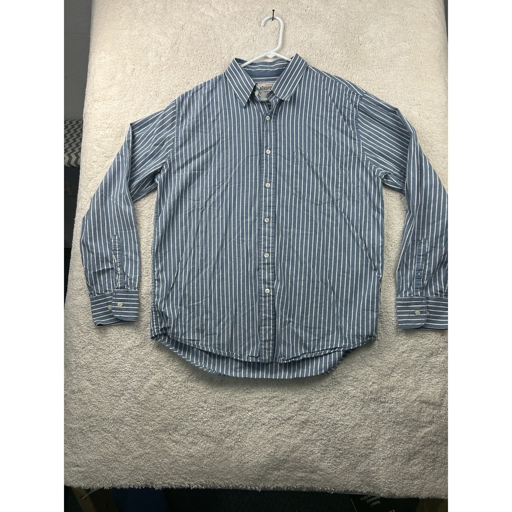 Aeropostale LS Button Up Shirt Men's L‎ Blue/White Striped Chest Pocket Preppy